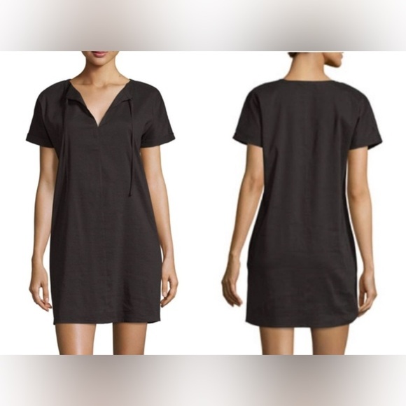 Theory Slit Front Linen Blend Shift Dress - Mini, Black - Size 4 - Picture 2 of 13